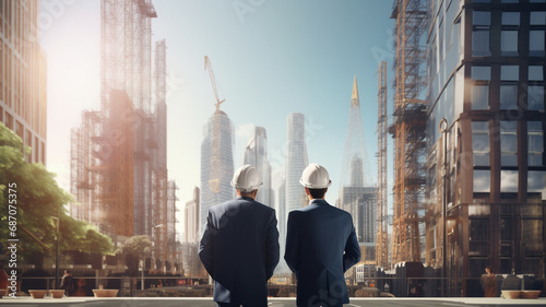 businessman looking at the construction of their skyscraper, construction workers in the background downtown scene