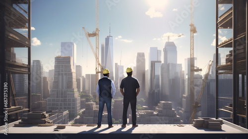 businessman looking at the construction of their skyscraper, construction workers in the background downtown scene