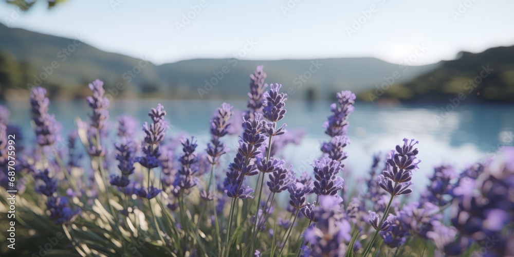 A Serene Landscape of Lavender Fields and Tranquil Waters