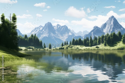 Lake s Tranquil Embrace Majestic Mountains in Painting