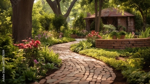 a brick pathway as it winds through a garden  offering a welcoming and rustic background for a variety of creative projects.