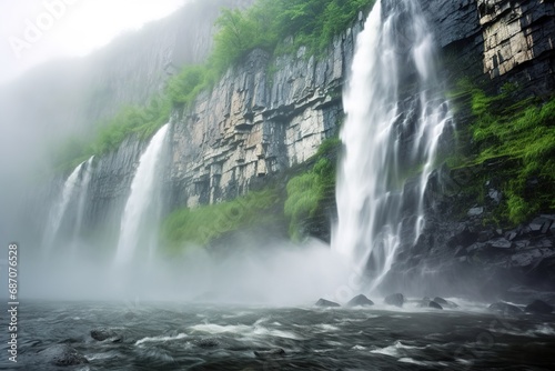 close-up of waterfall mist hitting surrounding rocks
