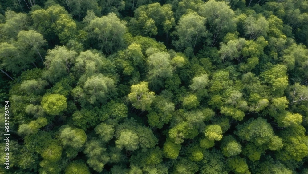 Aerial perspective of dense forest canopy, mixed green hues creating a textured background of natural tree tops