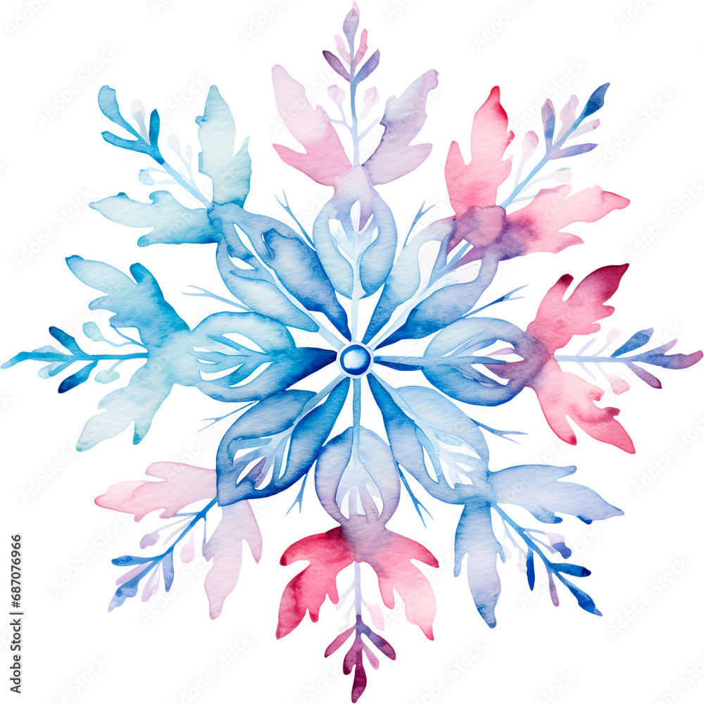 Fototapeta premium Christmas watercolor snowflake illustration with unique pattern