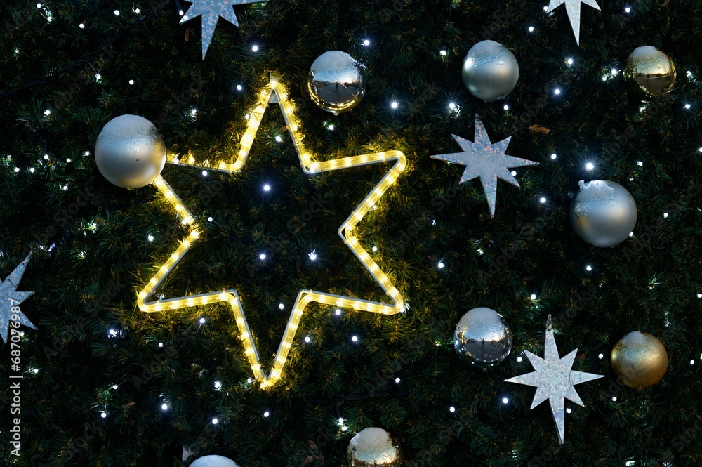 Fototapeta premium Christmas tree with decorations. Background for winter and Christmas holidays.