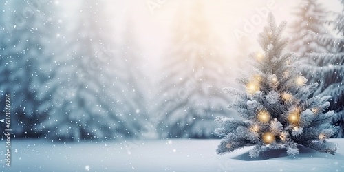 Winter wonderland. Serene snow covered landscape with christmas trees icy hills and blue sky. Xmas magic. Glowing lights and snowflakes adorn winter forest in seasonal celebration © Bussakon