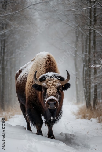 A beautiful big brown bison on a snowy winter day in the forest. Animal world, wildlife concepts.