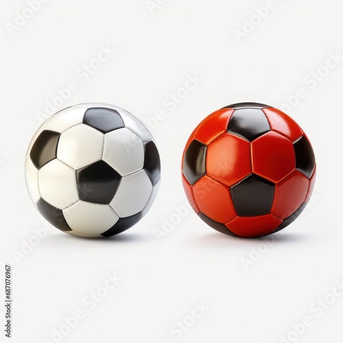 Two soccer Balls or footballs white and red colors isolated on a white background. 3d style imitation.
