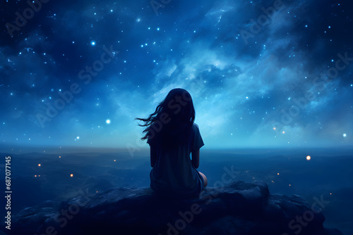 Girl watching the stars in night sky. generative ai.