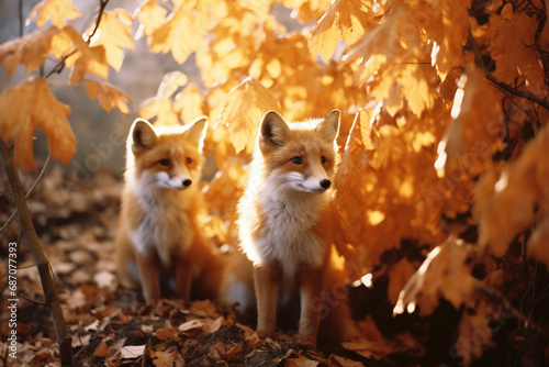 Surrealistic Interpretation of Foxes in a Golden Forest.