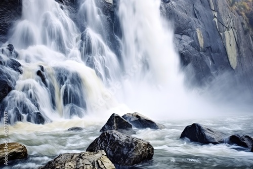 Majestic waterfalls cascading over rugged cliffs, mist vapor water spray