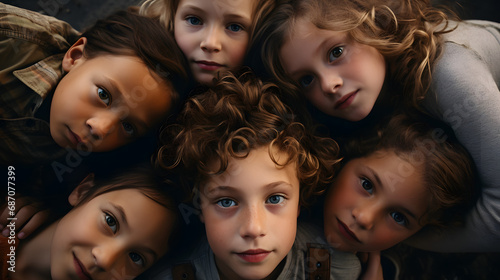 Group Of Children Looking Down Into Camera. generative ai.