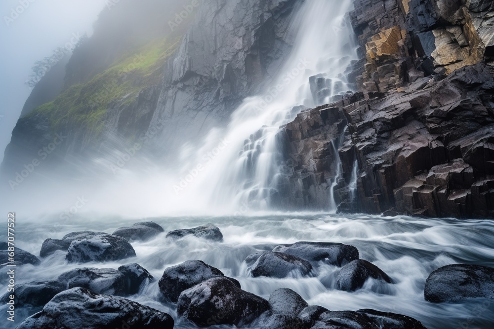 The cascade of a majestic waterfall, droplets turning into mist as they plummet to depths below. The cascade of a majestic waterfall, droplets turning into mist as they plummet to depths below.