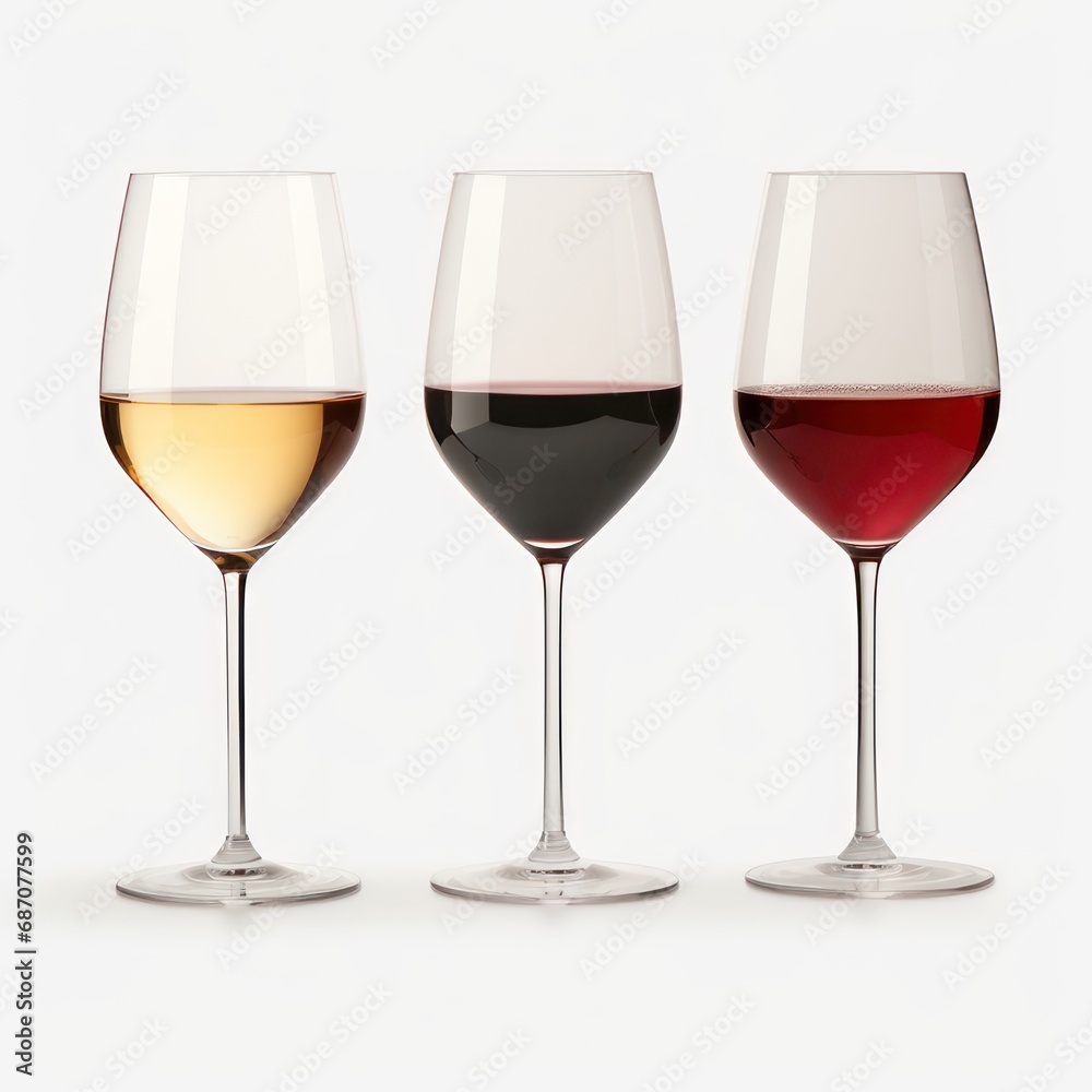 Three glasses of wine isolated on a white background. White and red wine. Three glasses of wine isolated on a white background. White and red wine.