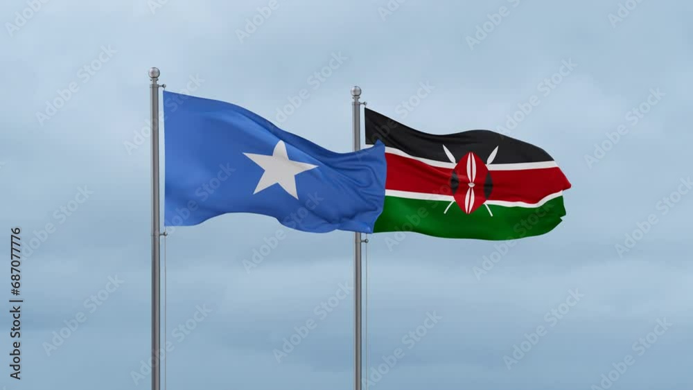 Kenya flag and Somalia flag waving together on cloudy sky, endless seamless loop, two country relations concept Kenya flag and Somalia flag waving together on cloudy sky, endless seamless loop, two country relations concept