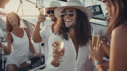 Group of diverse friends drink champagne while having a party in yacht. Attractive young men and women hanging out, celebrating holiday vacation trip while catamaran boat sailing. generative ai. © sakir