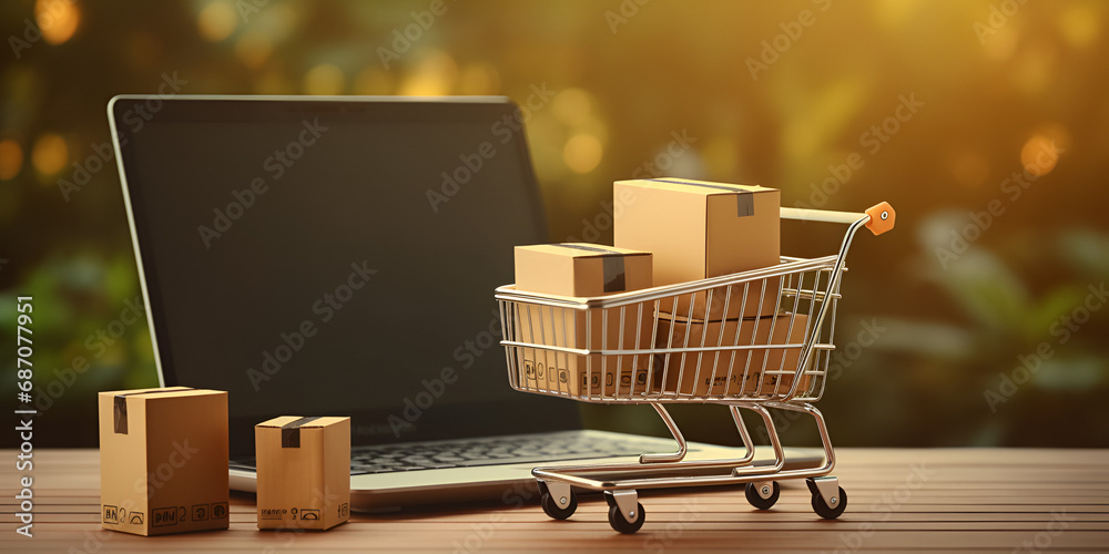 Package boxes in cart with laptop computer for online shopping concept Online shopping or ecommmerce delivery service concept with blur plants and sun lights on background Ai Generative