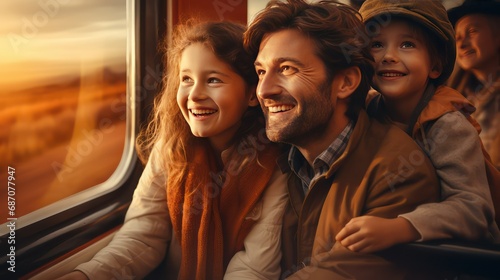 father and children traveling train