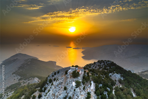 Sunset above Stavros tou Polemou monastery at Symi island