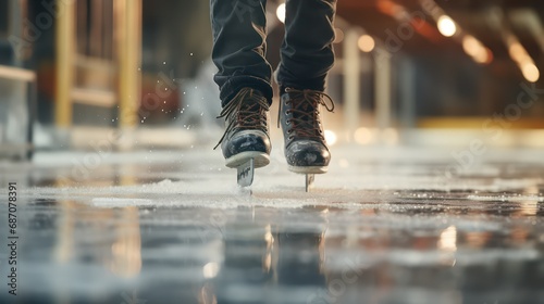 legs of a man in skates close-up slide on the ice  photo