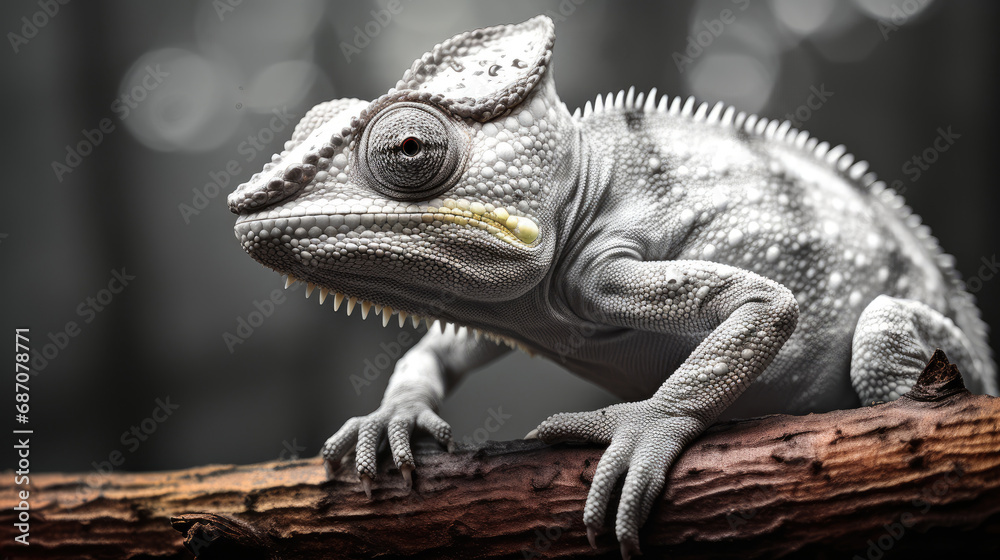 Close-up of a chameleon's funny face looking at the camera. Lizard in natural environment in monochromic style. Illustration for cover, postcard, interior design, banner, brochure, etc. - obrazy, fototapety, plakaty 