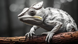 Close-up of a chameleon's funny face looking at the camera. Lizard in natural environment in monochromic style. Illustration for cover, postcard, interior design, banner, brochure, etc.