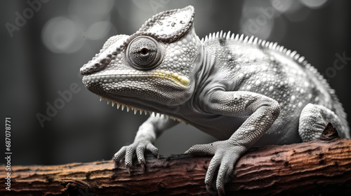 Close-up of a chameleon's funny face looking at the camera. Lizard in natural environment in monochromic style. Illustration for cover, postcard, interior design, banner, brochure, etc.