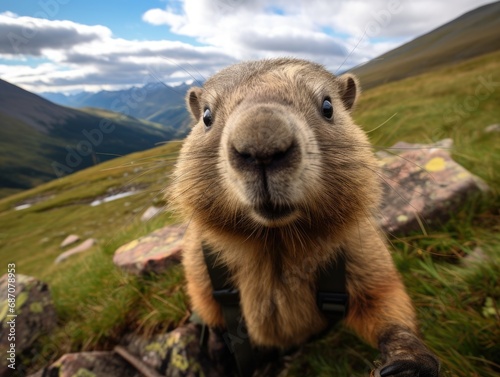 Close-up of a curious groundhog in its natural habitat. Detailed image of the muzzle. A wild animal is looking at something. Illustration with distorted fisheye effect. Design for cover, card, etc. © Login