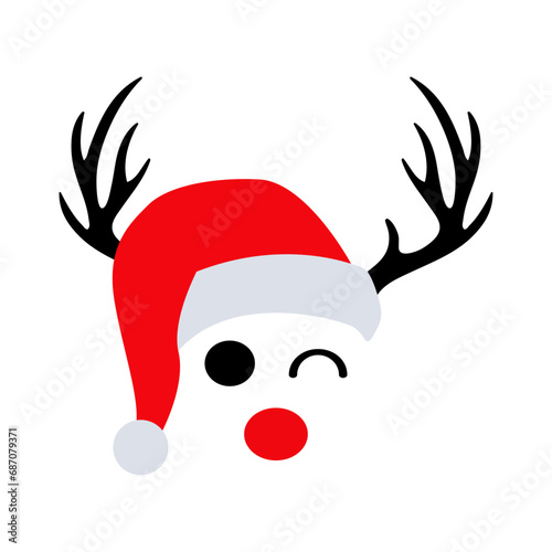 Tiempo de Navidad. Logo con reno Rudolph con sombrero de Santa Claus, hocico rojo, astas y guiñando un ojo para tarjetas y felicitaciones