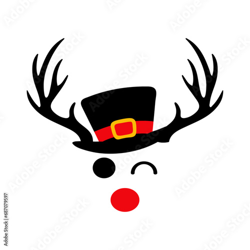 Logo con reno Rudolph con sombrero de muñeco de nieve, hocico rojo, astas y guiñando un ojo para tarjetas y felicitaciones de Navidad