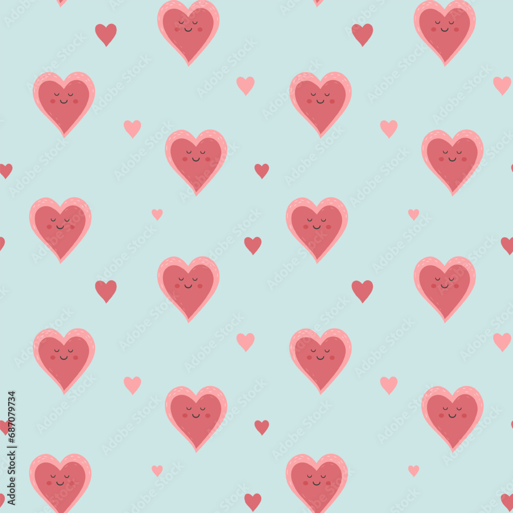 Cute hearts seamless vector pattern. Valentine's Day background. Different heart shapes in pastel colors.