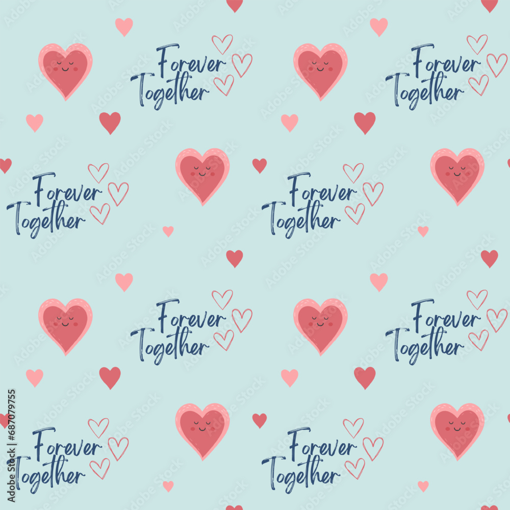 Heart shapes and text together forever. Cute hearts seamless vector pattern. Valentine's Day background.