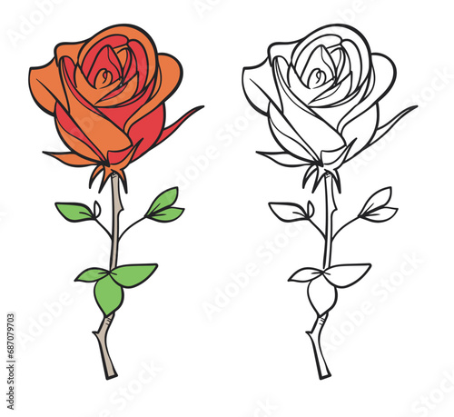Red Rose flowers drawing with line-art on white backgrounds. Simple Design Outline Style. You can give color you like. Vector Illustrations