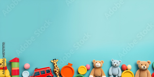 Blue Wall Children S Room With Adorable Stuffed Toy Animals A Stunning 3d Rendered Illustration Background,  Baby kids toys background. White teddy bear, wooden train, colorful blocks  Generative Ai 