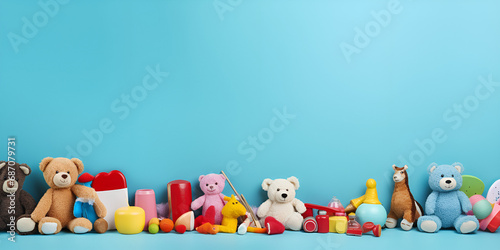 Teddy bear toys on blue background with copy space, Top view of children s toy banner on blue background with room for text Generative Ai 