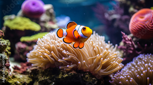 A clown fish is swimming in the water