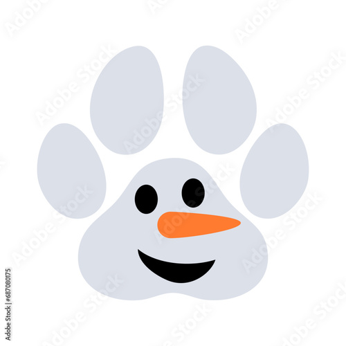 Tiempo de Navidad. Logo pet friendly. Silueta de zarpa de perro o gato con cara de muñeco de nieve sonriente para su uso en tarjetas y felicitaciones