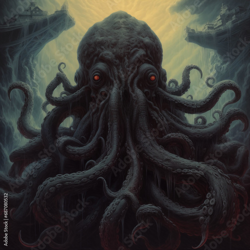 Portrait of Cthulhu. Unspeakable ancient god with tentacles closeup. Monster octopus with red eyes.
