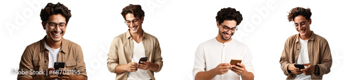 Set happy smiling man using mobile phone for texting or talking isolated on transparent white background, concept of social networks and modern communication