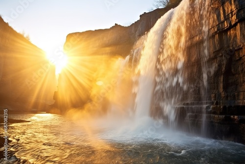 Amazing nature landscape, beautiful waterfall at sunrise