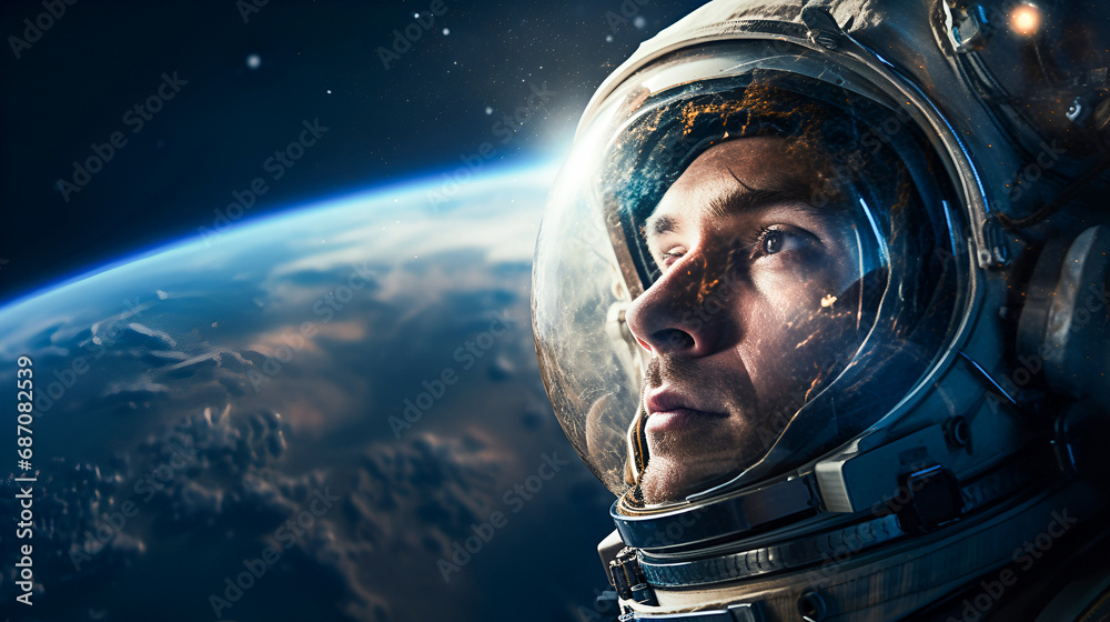 Close-up portrait of a male astronaut in a helmet in outer space, looking at a copy of space against the backdrop of the planet Earth. Space travel and exploration concept. - obrazy, fototapety, plakaty 
