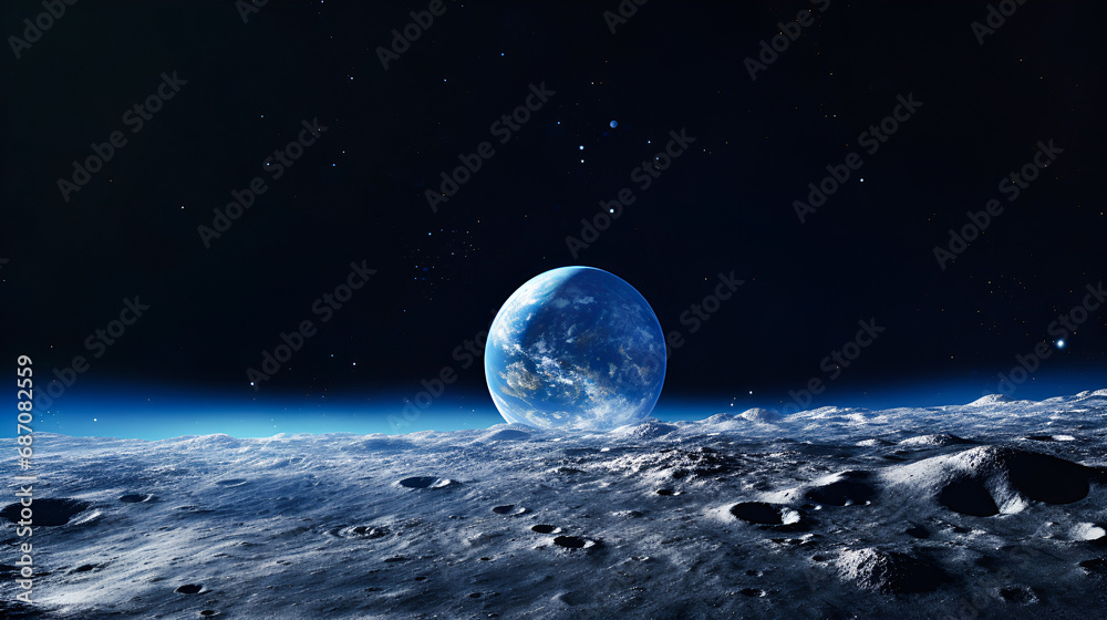 View from the lifeless surface of the moon with craters to the globe on the horizon in black space with stars and copy space.