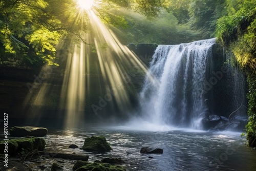 Shot of dawn sunlight shimmering on waterfall spray