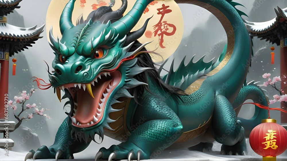 Fototapeta premium Generative AI realistic image of a green dragon against the background of mountains, pagoda and cherry branches
