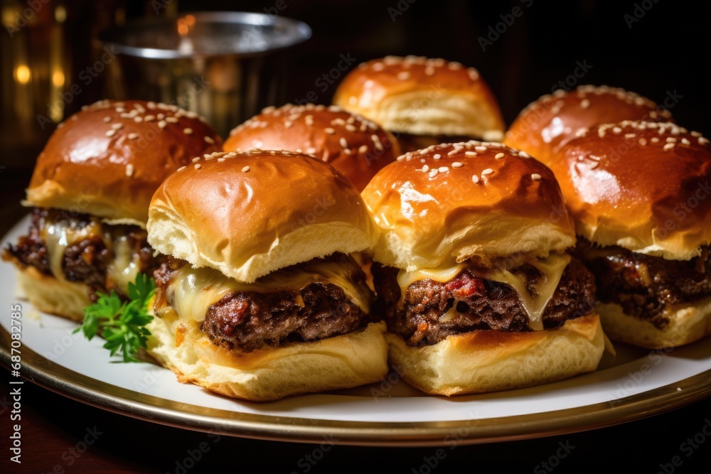 Delicious Beef Sliders: A Savory Snack of Mouthwatering Mini Burgers with Beef, Cheese, and Bun on a Plate