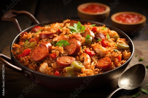 Spicy Homemade Cajun Jambalaya Meal: Sausage, Chicken & Rice Cooked with Louisiana Cookery to Make the Perfect Red Dinner Food photo