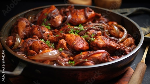 Authentic Jamaican Brown Stew Chicken in a Close-Up Bowl with Roasted Chicken and Onion, Perfect for Ragout. Served with a Spoon photo