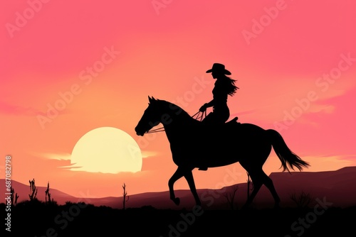 Silhouette of Cowgirl Galloping on Horseback against a Pink Sky at Sunset on a Western Ranch © AIGen
