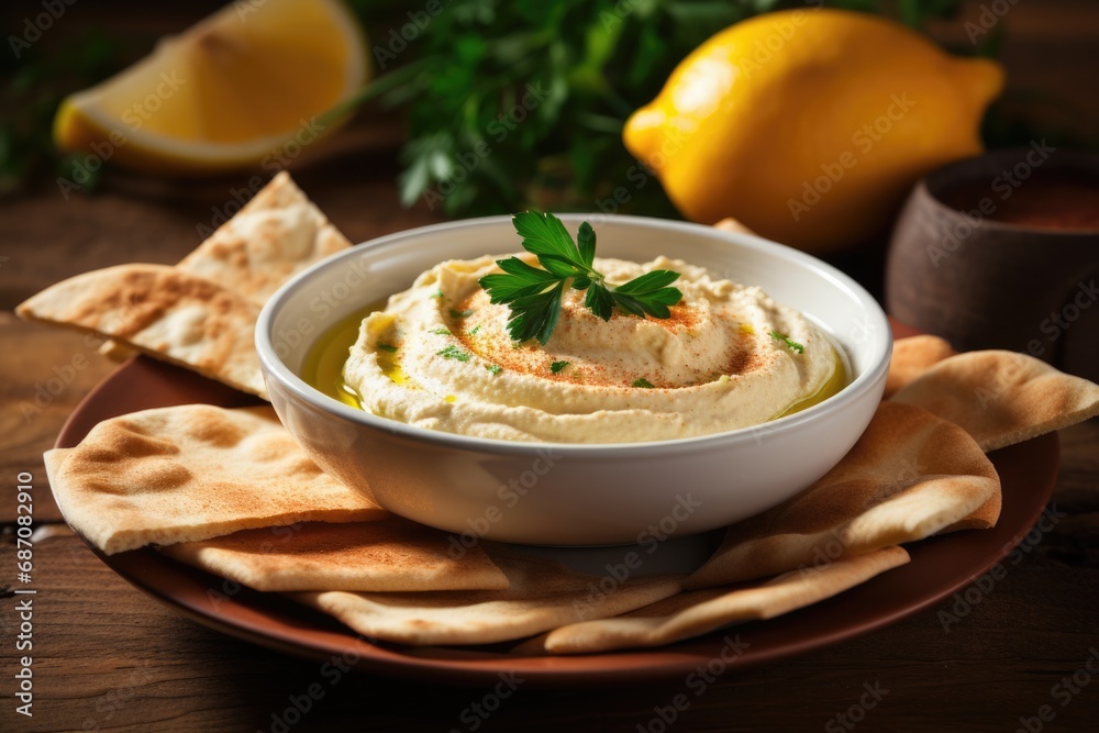 Delicious Hummus with Freshly Baked Pita Bread for Healthy Snacking and Dipping in a Colorful Bowl Setting Delicious Hummus with Freshly Baked Pita Bread for Healthy Snacking and Dipping in a Colorful Bowl Setting