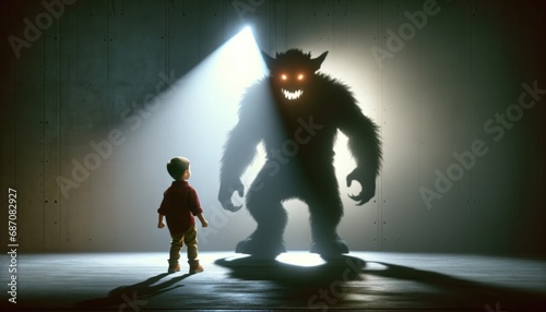 A young child standing fearlessly as their shadow morphs into a mystical monster on the wall behind them, illuminated by a dramatic spotlight, symbolizing the brave confrontation of one's fears.